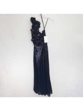 Mac Duggal Black Sequin Ruffled one Shoulder gown
